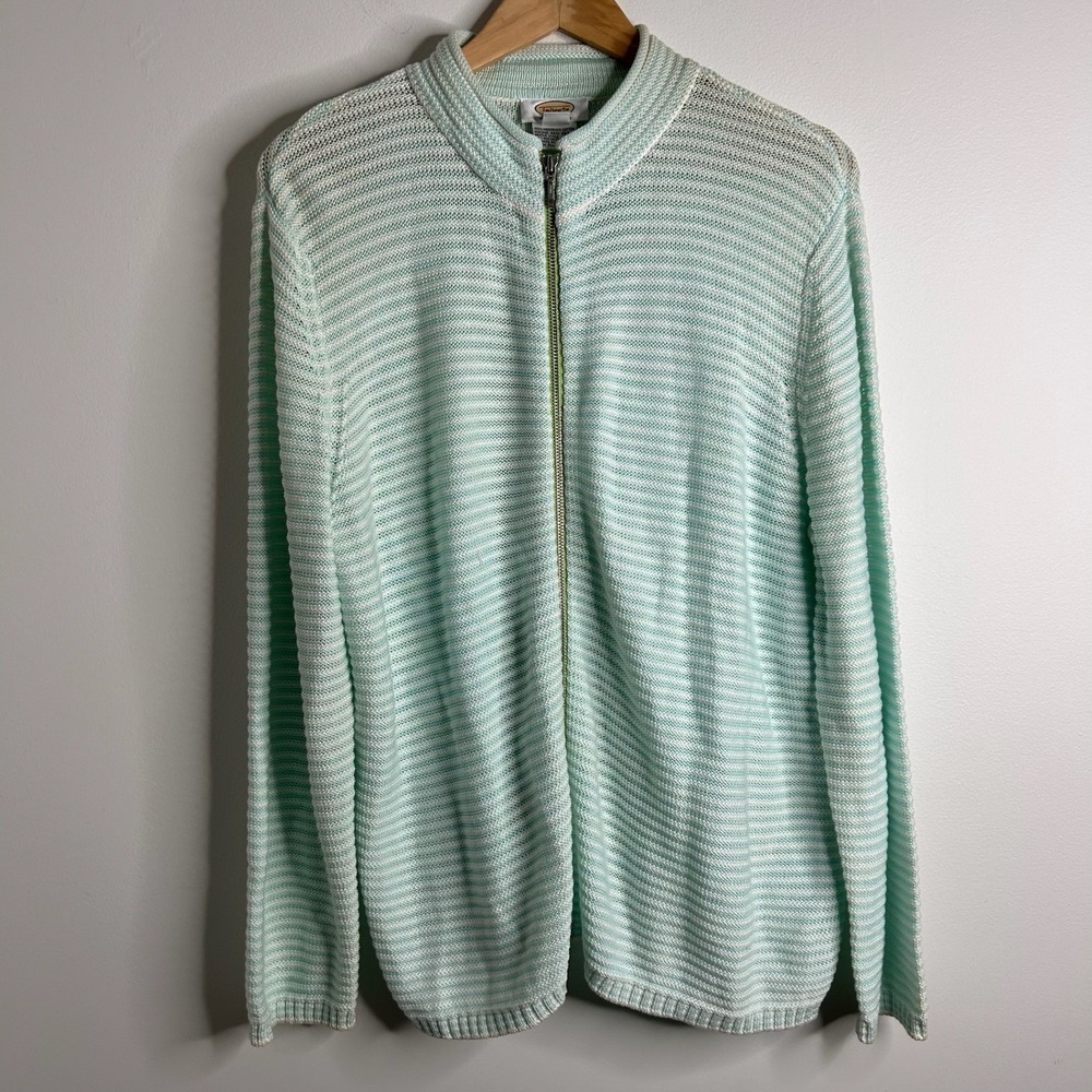 Talbots Striped Cotton Knit Cardigan Women 1X Full Zip Coastal Minimalist Mature